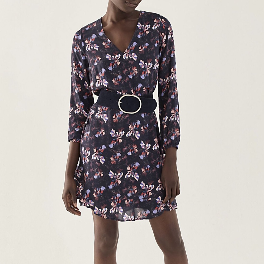 IKKS Women Floral Viscose Long-Sleeve V-Neck Dress Tunic Navy Size 10 Flowy Boho